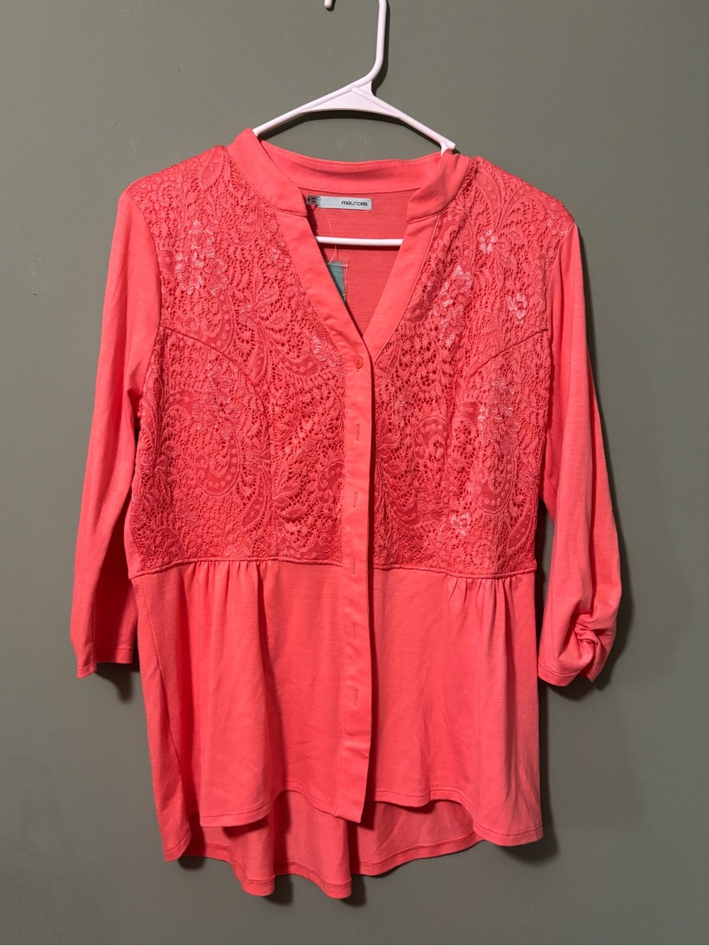 Maurices Coral Lace-Panel Button-Down Blouse